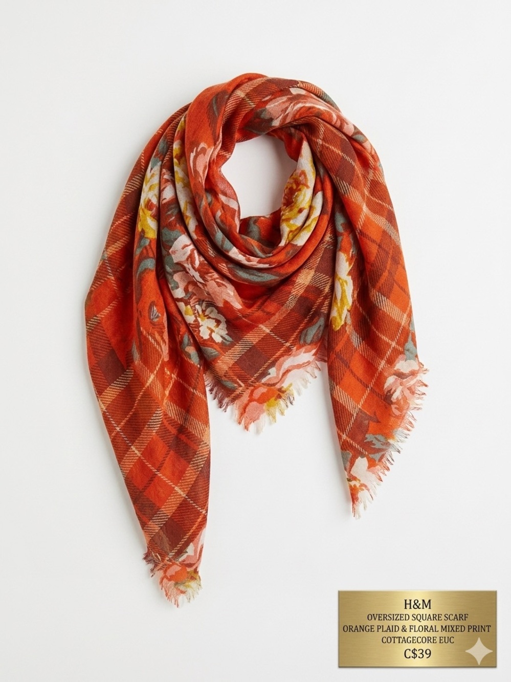 H&M Oversized Square Scarf • Orange Plaid & Floral Mixed Print • Cottagecore EUC